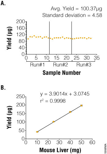 Consistent yield and quality of isolated total RNA.