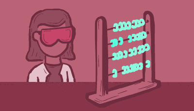 A scientist in goggles looks at an abacus while a small superhero helps her count by moving beads 